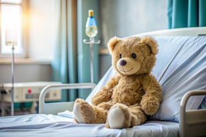 child's teddy bear sitting on a hospital bed