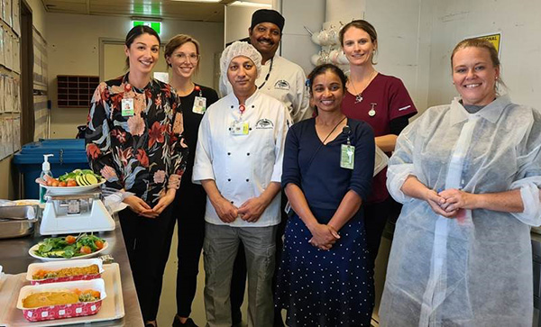 Gemma Gilbert, Dietetics Coordinator, Food Service; Cat Middleton, Dietary Assistant; Surrender Singh, Cook; Jagadish Dwaraka, Cook; Indu Jacob, Speech Pathologist; Julie Varian, Senior Speech Pathologist; Melissa Fraser, Assistant Manager, Food Safety.